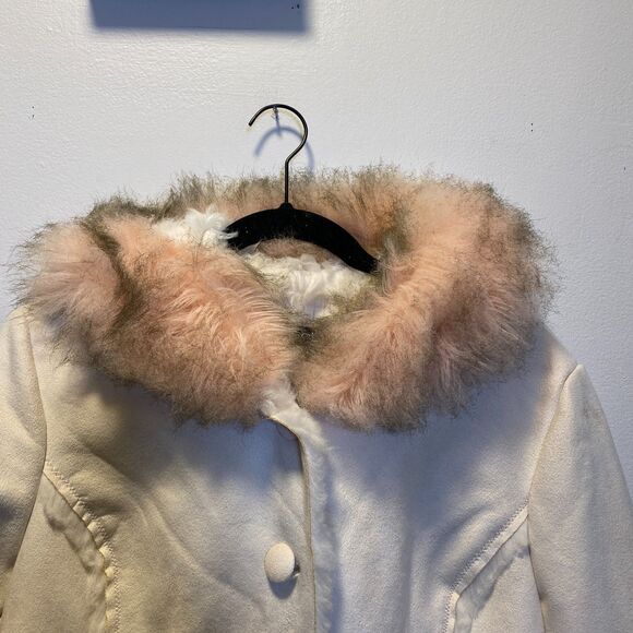 Y2K Glam VTG Bebe Penny Lane Faux Fur Suede Large Hooded Winter Coat Cream Pink - Picture 4 of 13